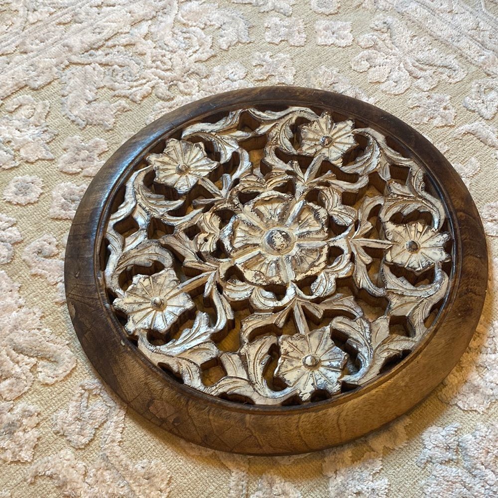Mandala 14” Round Carved Wood Accent Wall Art Decor